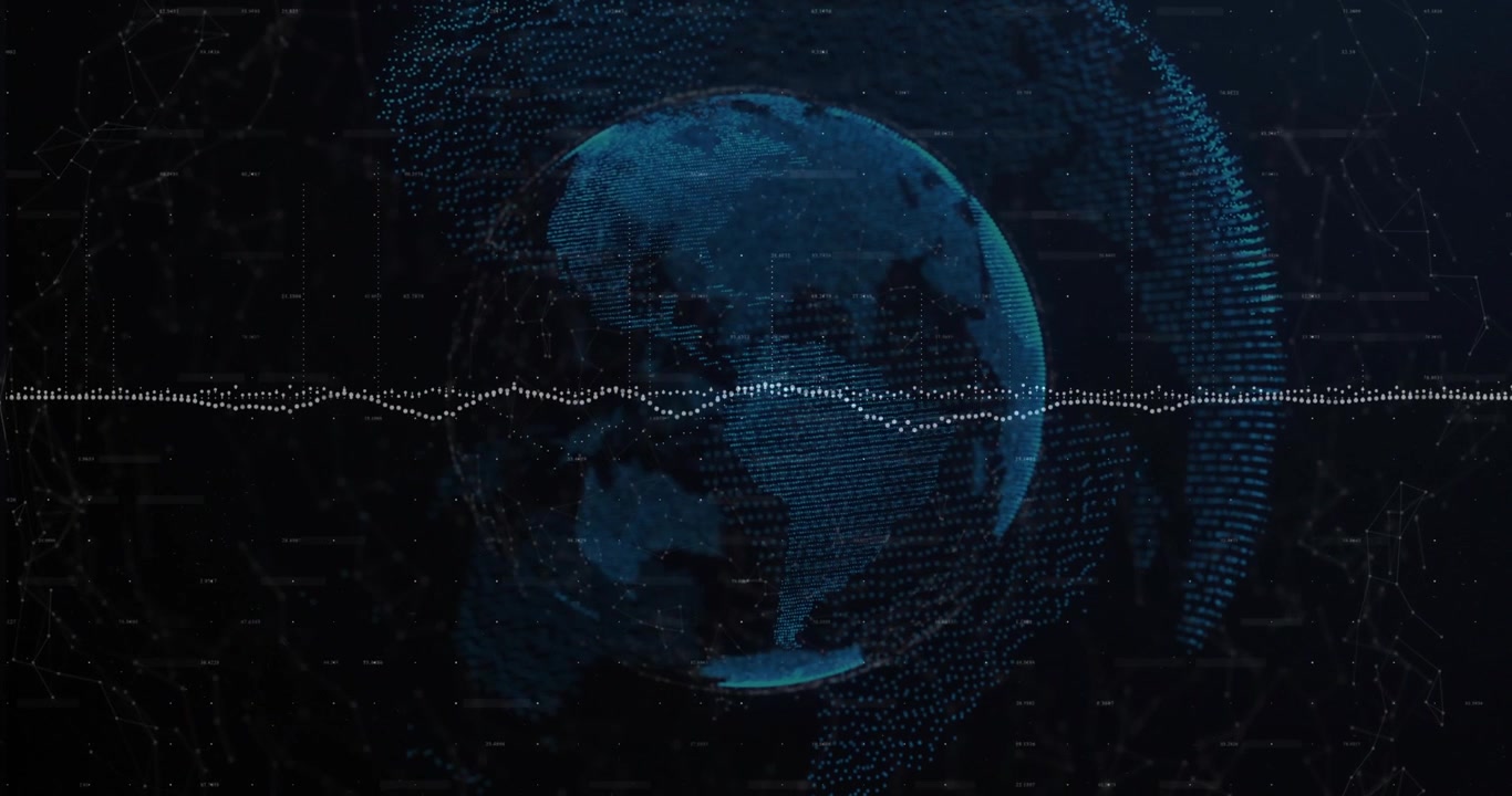 Incoming data driving blue globe rotating, waveform fluctuating, particle arc pulsing for analytics