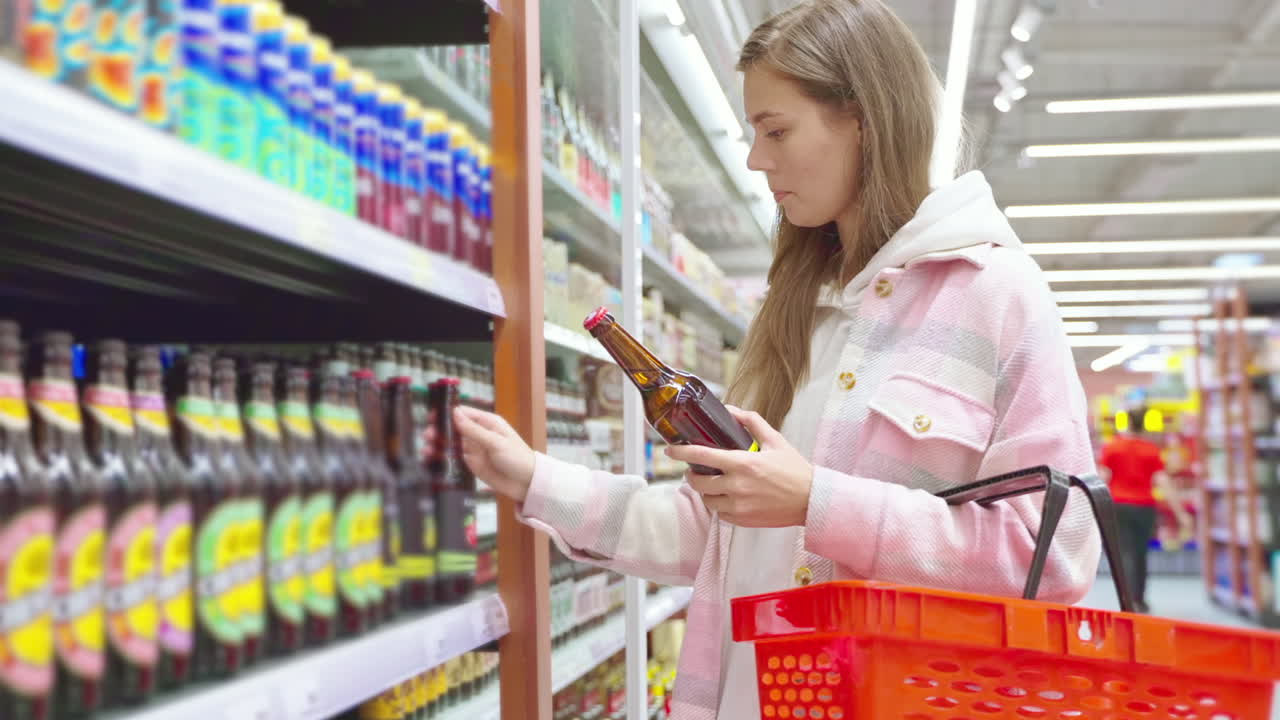 mujer comprando cerveza en un supermercado