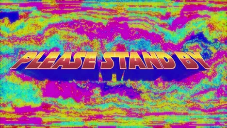 animation of please stand by text on screen with stripes in seamless loop