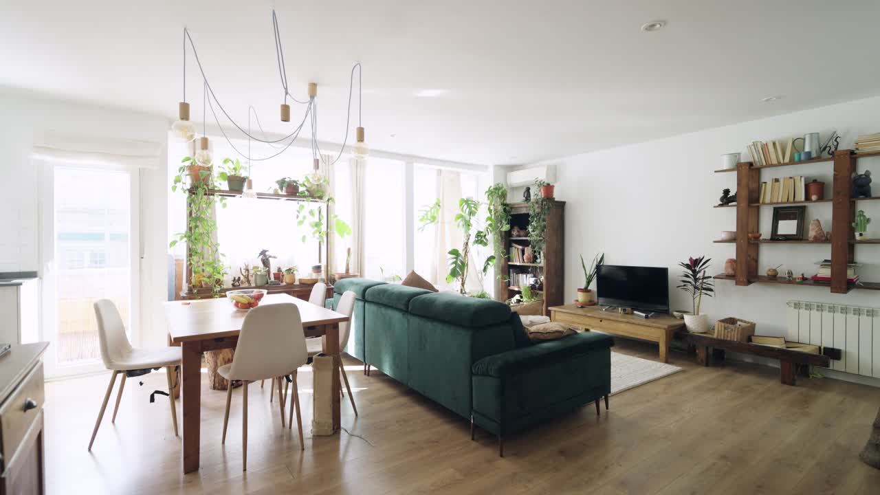 Sala de estar y comedor luminosos y modernos con sofá verde y plantas
