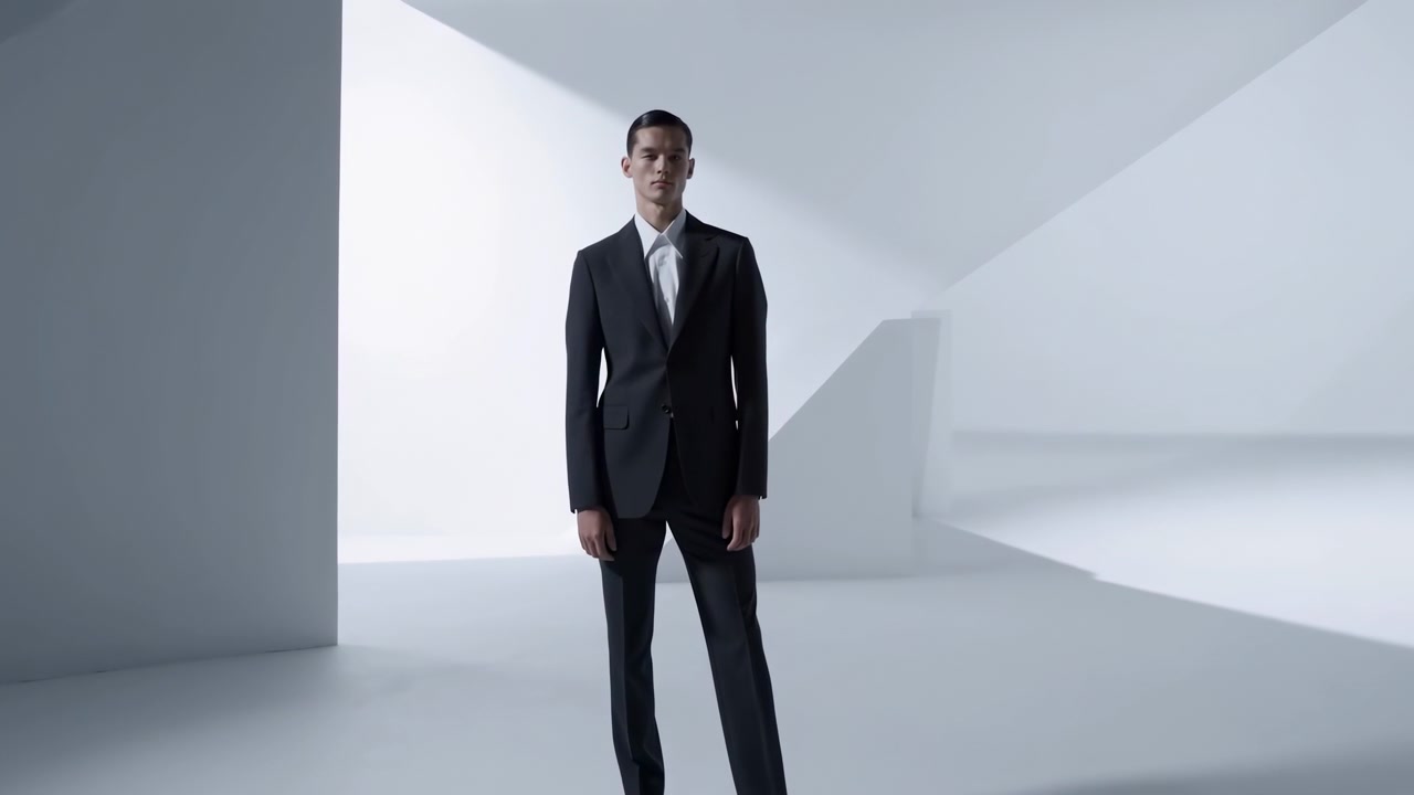 Mand i jakkesæt i minimalistisk studie, står midt i billedet mod geometrisk hvidgrå arkitektur, blødt.