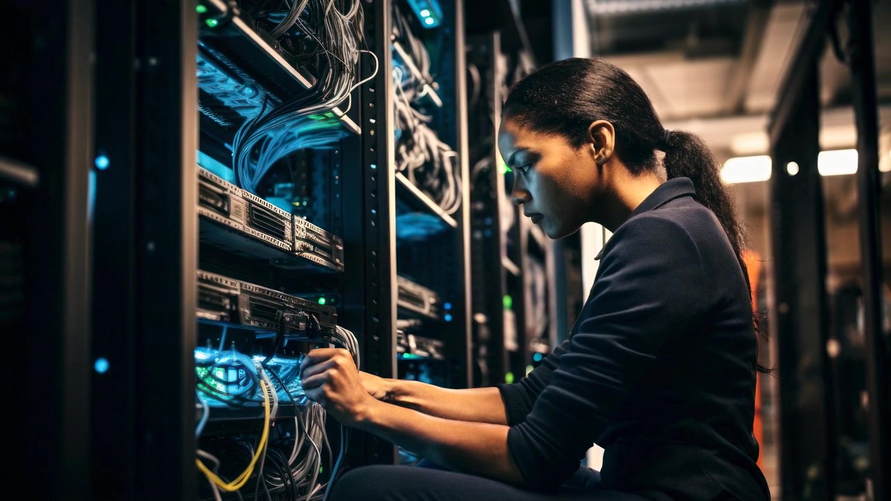 Female IT Technician Working on Server Rack in Data Center