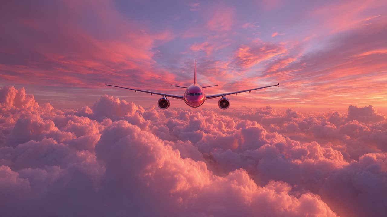 Serenità aerea: viste accattivanti di un cielo al tramonto vivido con un aeroplano che vola attraverso nuvole colorate in un'atmosfera da sogno