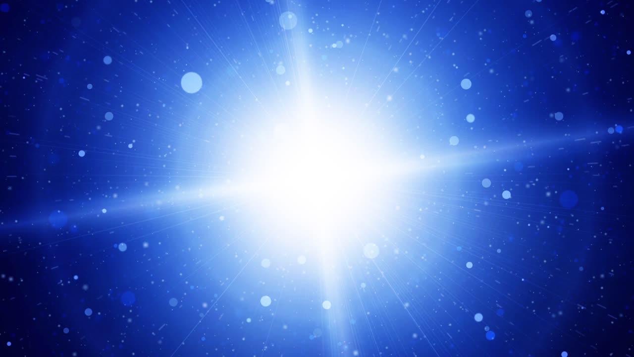 Glowing Blue Starburst with Floating Particles and Cosmic Rays in a Celestial Atmosphere - Dynamic and vibrant abstract scene, with a blue star, shimmering particles and radiant light rays
