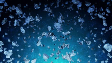 volando muchos asteroides en el fondo del espacio profundo. explosión de salpicaduras rotas. el cielo estrellado. animación 3d de meteoritos girando. animación de bucle.