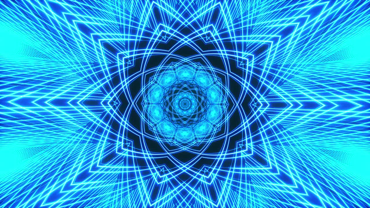 4K 3D rendering Abstract Blue Neon Light Mandala Loop Rotating Background in Motion for big screen and Backdrop use. Loop Kaleidoscope pattern for meditation, yoga, chill-out, relaxing, VJ loop music.