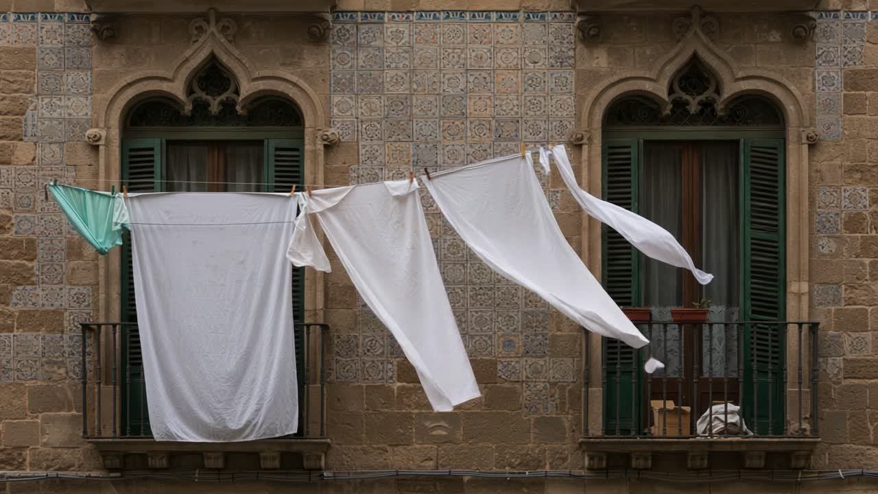 A serene moment captured between two frames, showcasing a beautiful display of white linens hanging gracefully from a balcony, with intricate architecture in the background