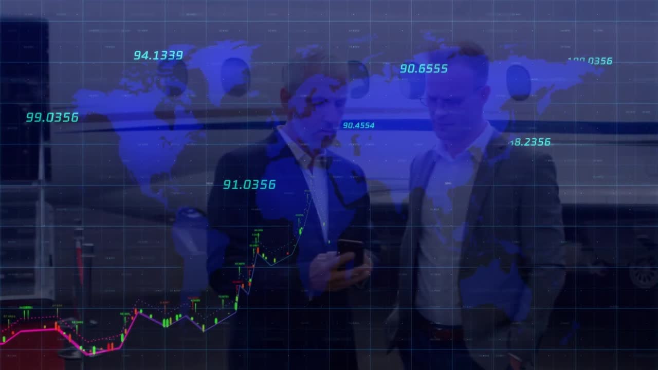 Animation of world map over caucasian businessmen using smartphone