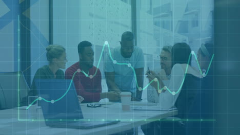 business team collaborating at table with financial graph animation overlay