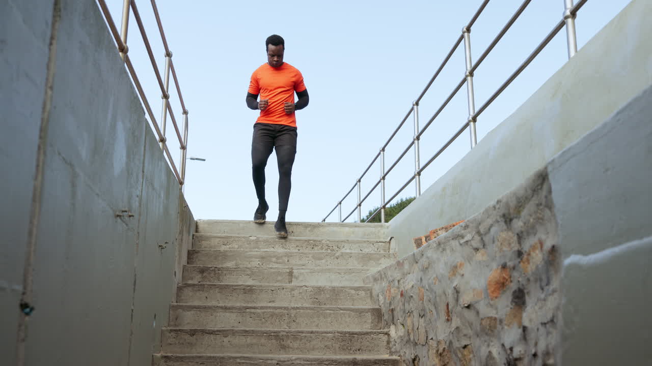 Man, fitness and running on steps outdoor
