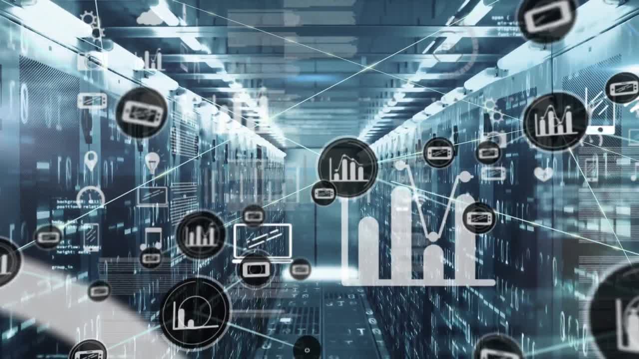 Animation of network of connections with icons and data processing over computer servers