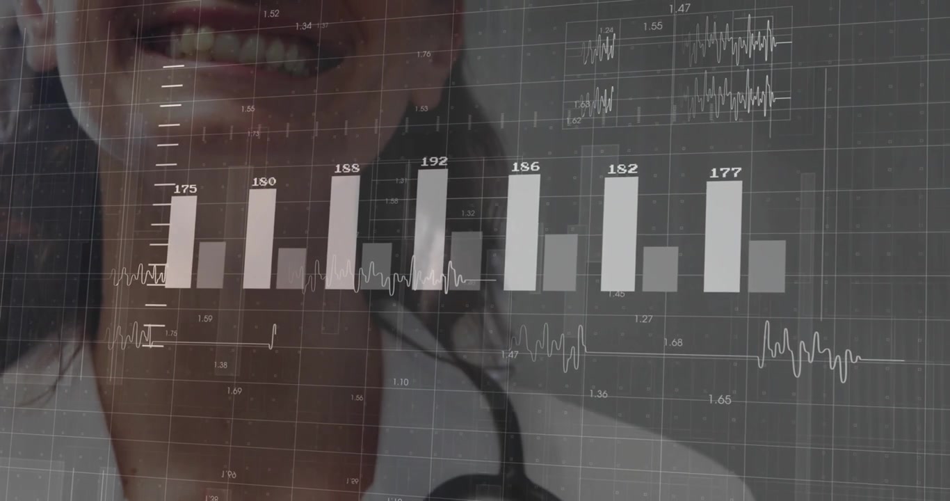 Clinico che regola lo stetoscopio mentre grafici a barre trasparenti e onde ECG salgono per il monitoraggio.