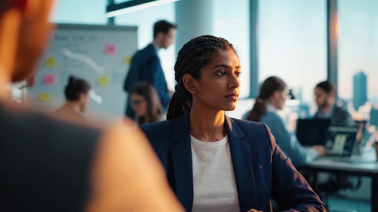 Une femme professionnelle dans un environnement de bureau moderne, faisant preuve de concentration et de sérieux tout en interagissant avec des collègues dans un espace de travail collaboratif
