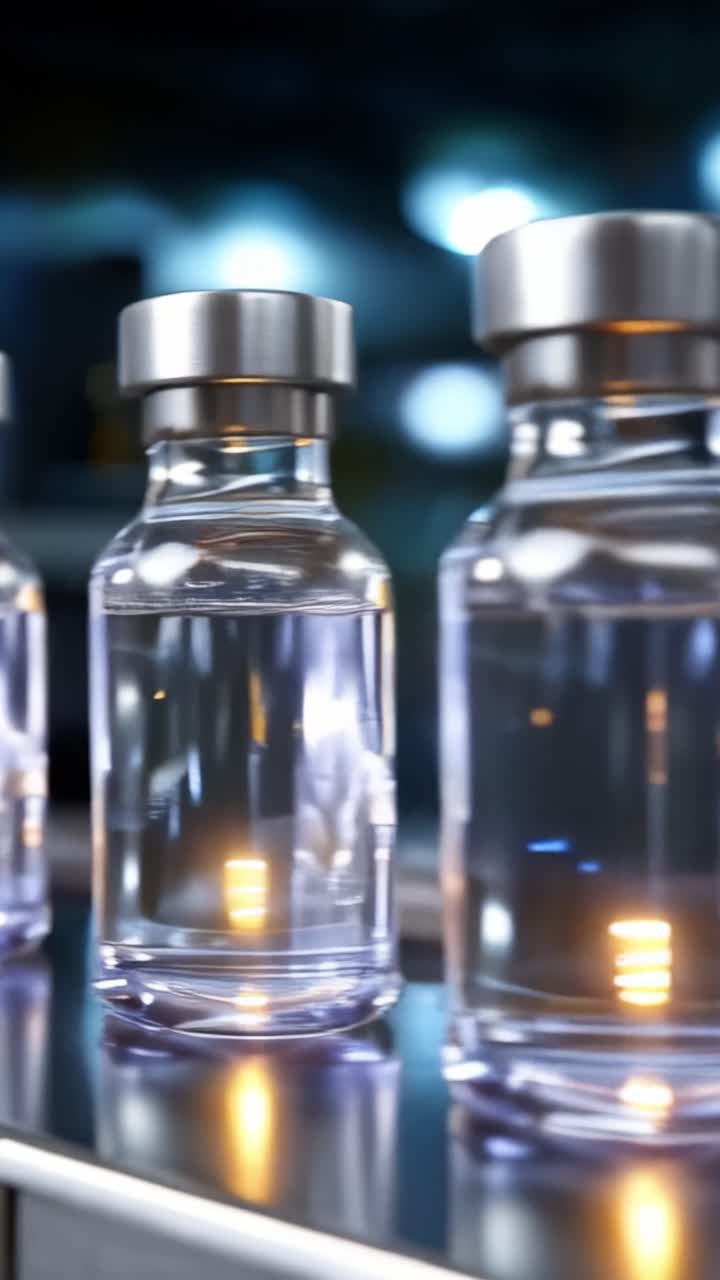 Close-up of Clear Glass Vials Reflecting Light with Silver Caps, Displayed on a Production Line, Showcasing Modern Pharmaceutical Manufacturing Techniques