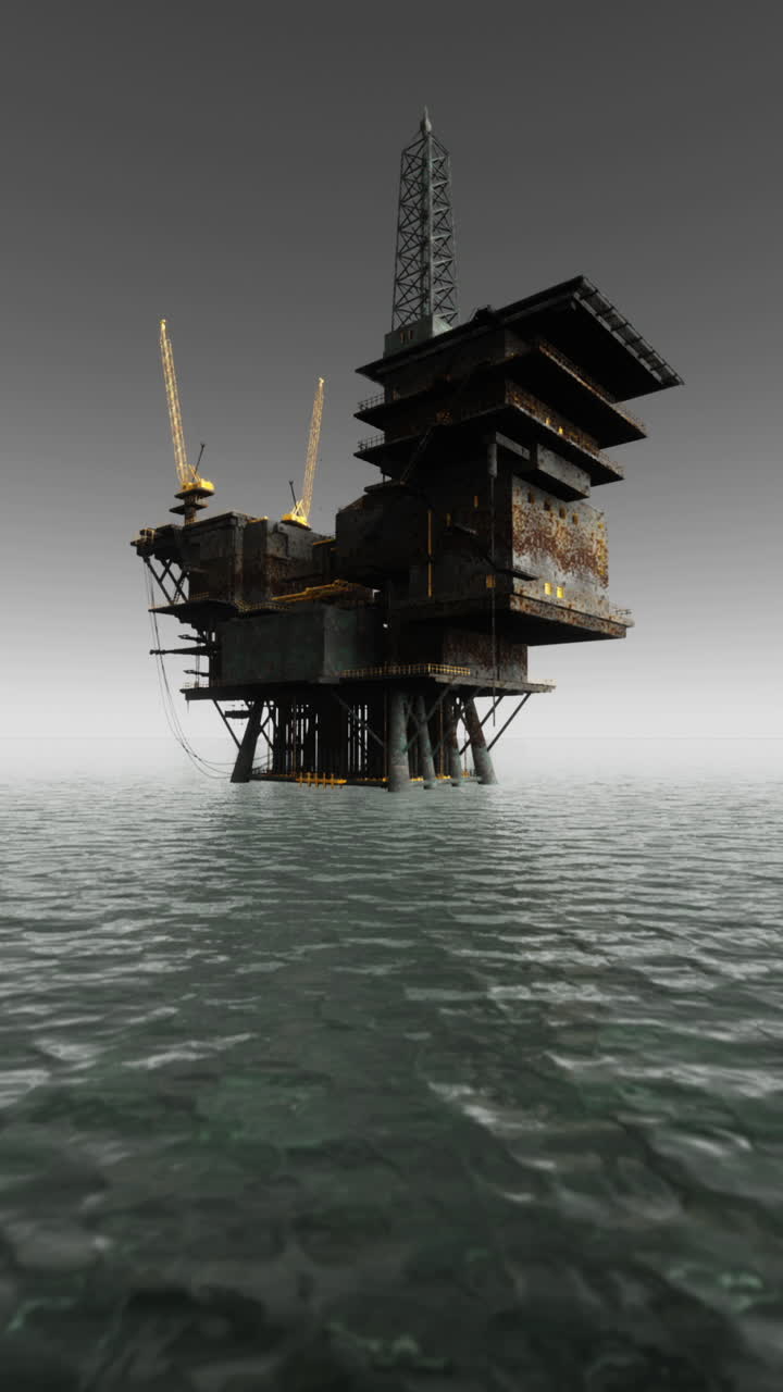 Boreplatform og offshorefartøj ved solnedgang