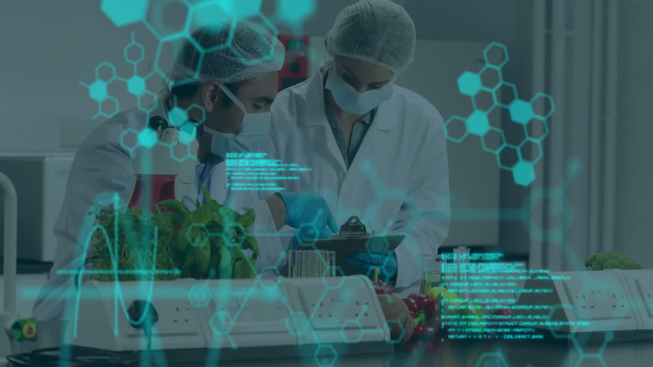 animación del procesamiento de datos científicos sobre diversos científicos en el laboratorio