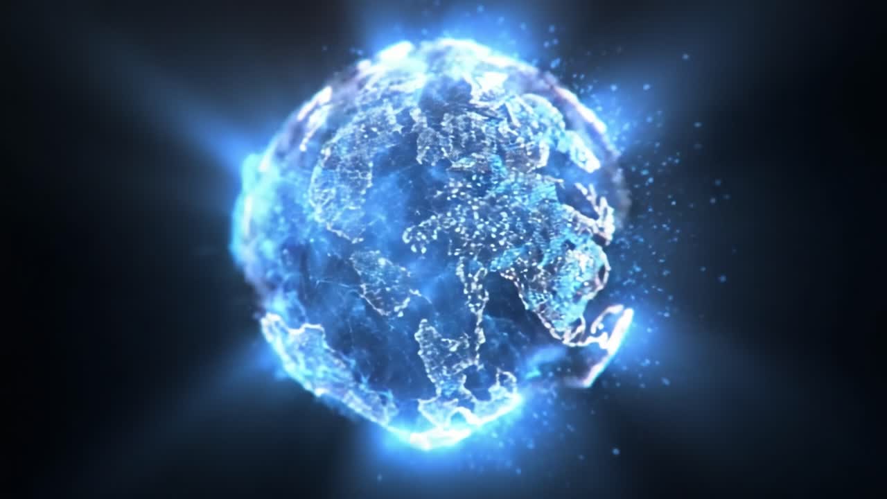Accattivante visualizzazione di una Terra luminosa, che enfatizza la connessione e l'energia attraverso luce dinamica e splendidi effetti particellari in un'atmosfera celeste