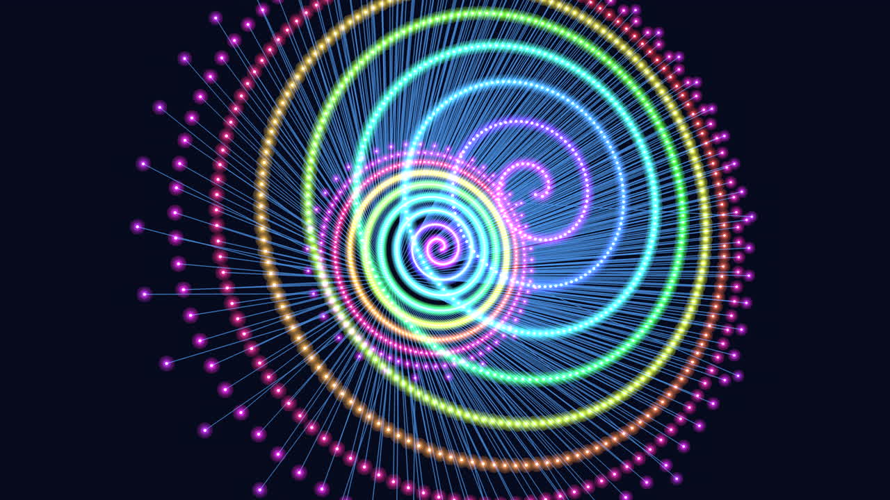 A visually captivating circular pattern composed of colored lines and dots, forming a dynamic spiral arrangement with interconnected loops, creating an intriguing visual composition
