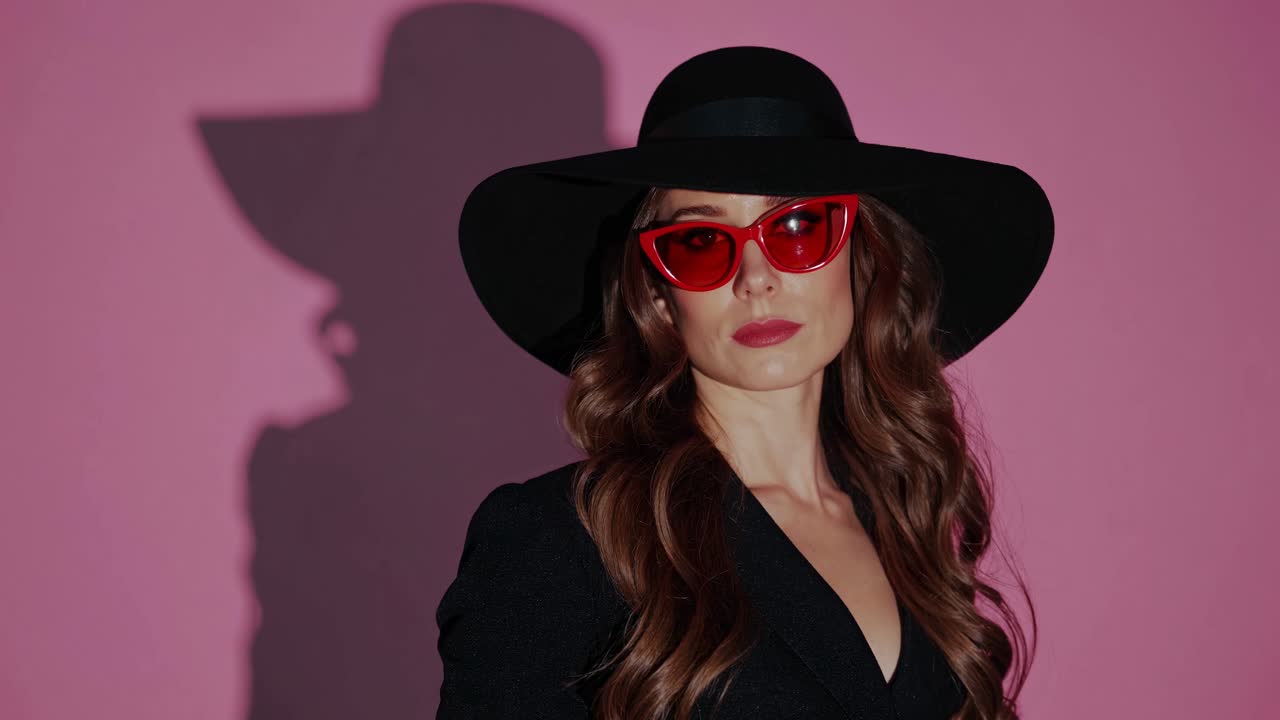 Stylish Woman in Black Hat and Red Sunglasses