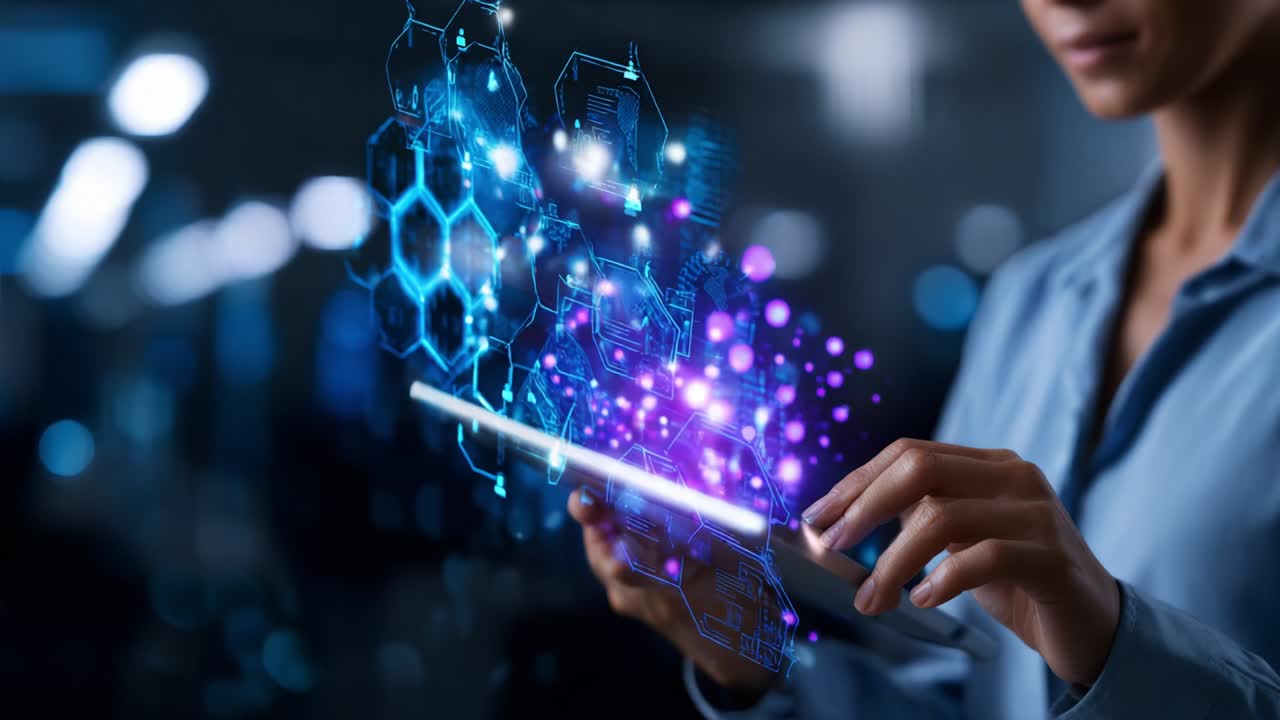 A Future-Focused Individual Engaging with Advanced Digital Interfaces on a Tablet, Analyzing Complex Data Visualizations with Interactive Technology in a Contemporary Setting