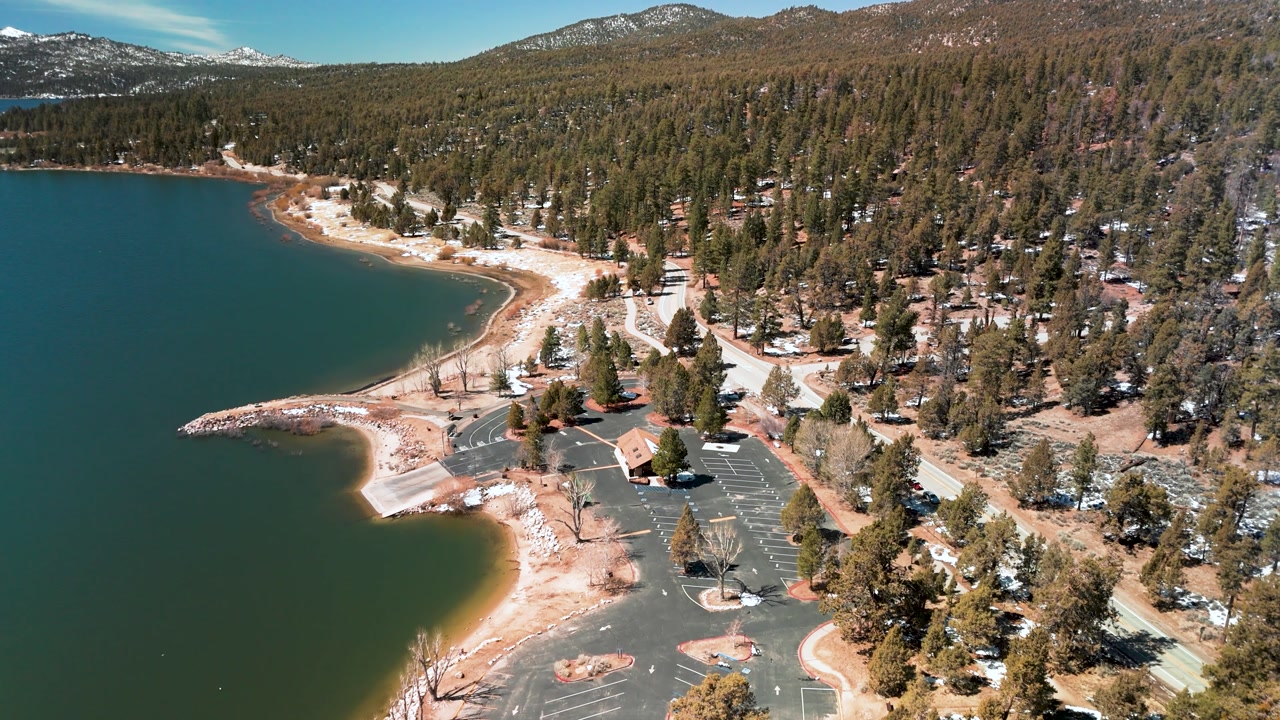 Lakefront Parking Space In Big Bear Lake In California, United States. Aerial Drone Shot