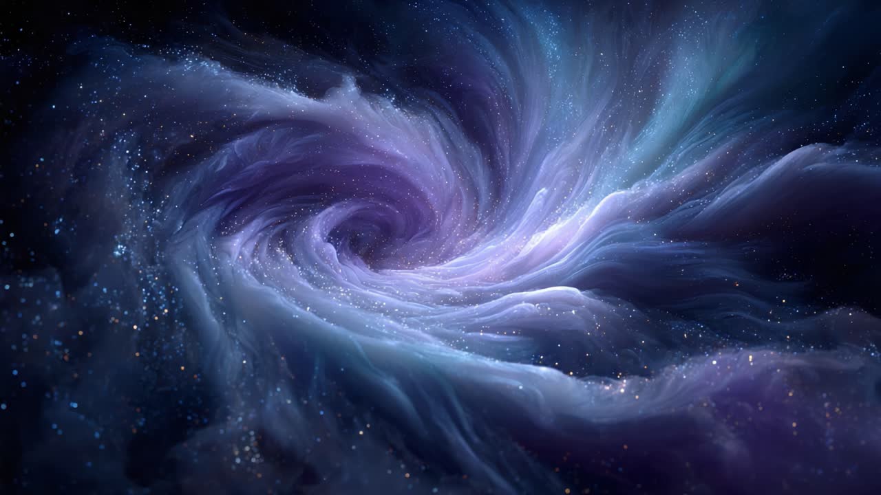 A mesmerizing cosmic swirl of colors and light, illustrating the vast beauty of a galaxy with intricate patterns of purple, blue, and white, evoking the wonders of the universe