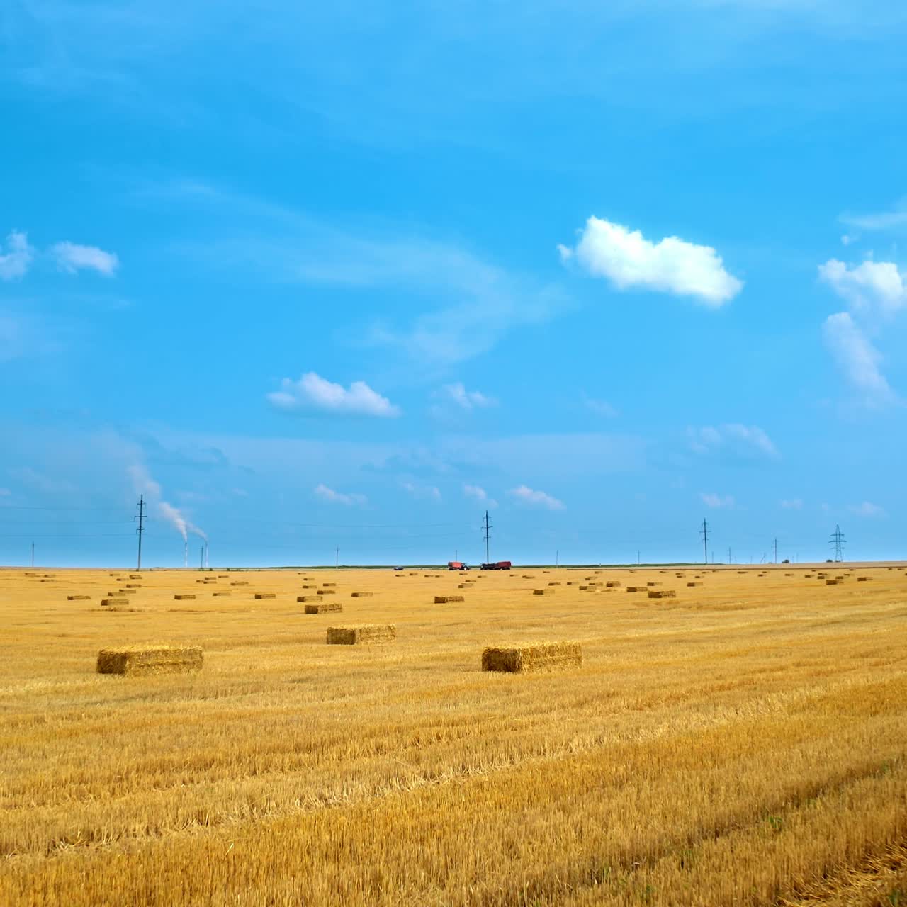 Field after harvesting. Dry straw bales on yellow field. Flying over harvested field with pressed bundles. Yellow field under blue sky at harvest season
