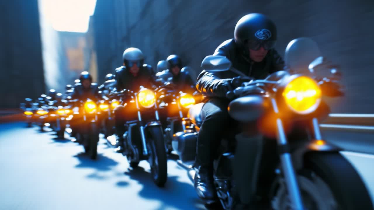 A Thrilling Scene of Motorbike Riders Speeding Through Urban Streets with Dynamic Motion and Vibrant Lights Capturing the Essence of Adventure and Freedom