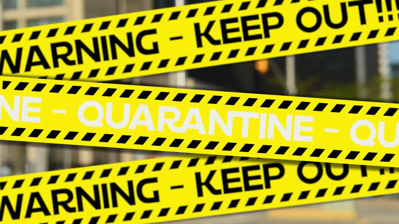 테이프에 노란색으로 쓰여진 "분리 경고 외출하지 마세요"라는 단어의 애니메이션