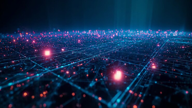 Camera drifting to reveal network grid in virtual realm with pulsing nodes and rising blue beams