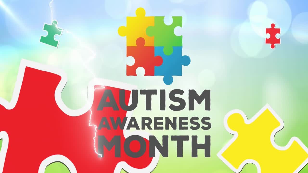 animaciones de piezas de rompecabezas coloridas y texto de autismo sobre fondo azul