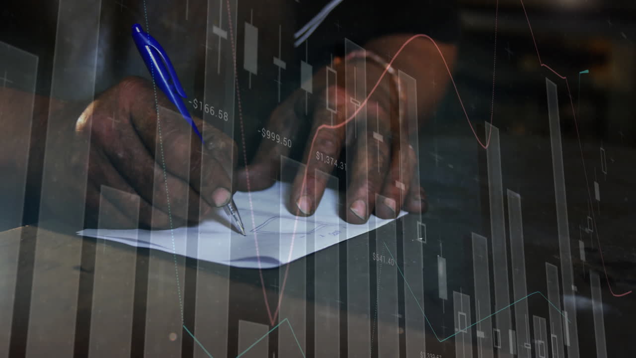 Animation of data processing and diagrams over african american businessman writing