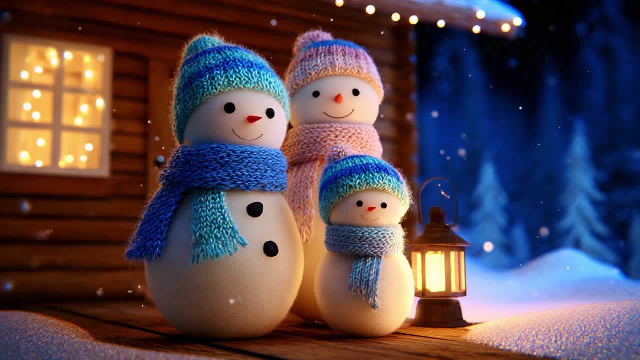 Charming Winter Scene Featuring Playful Snowmen Dressed in Colorful Hats and Scarves, Nestled Against a Cozy Cabin with Softly Glowing Lanterns Lighting the Snowy Landscape, Perfect for Holiday Cheer