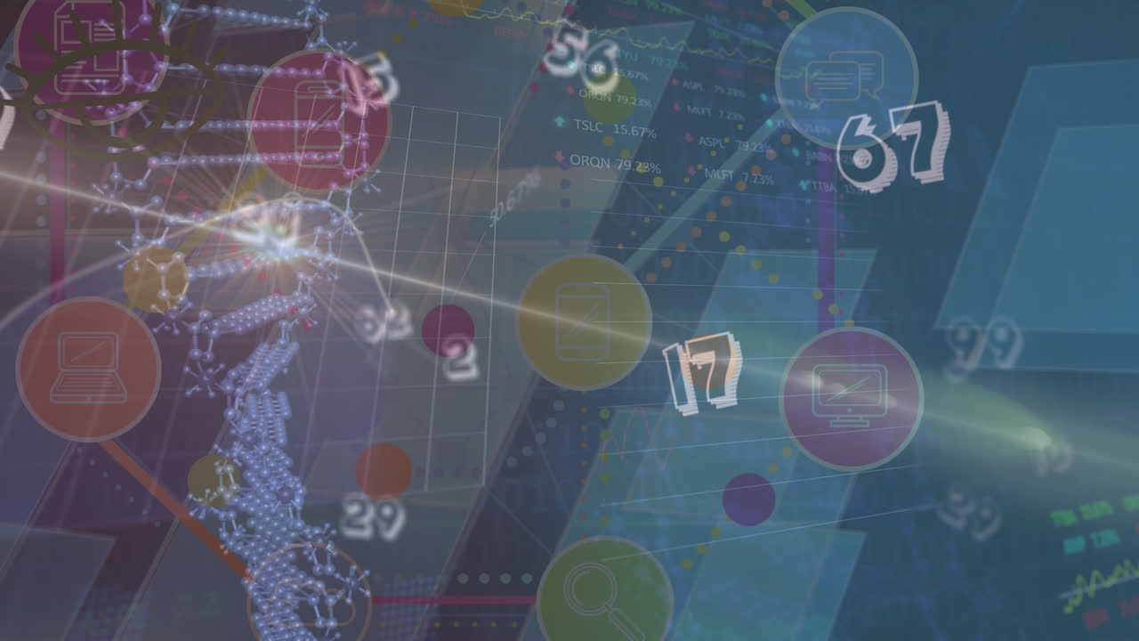 animación de números y cadenas de adn a través de la red de conexiones con iconos en fondo azul