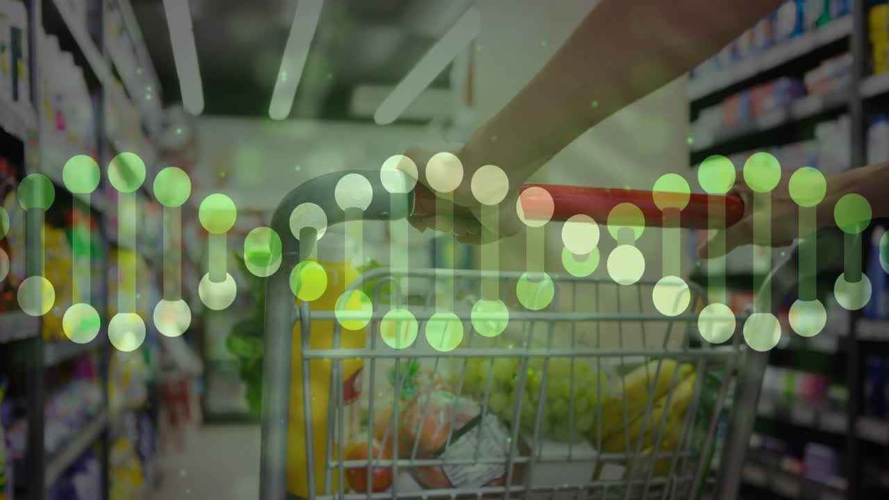 Woman pushing cart down store aisle, dots forming twisting helix over produce showing nutrients