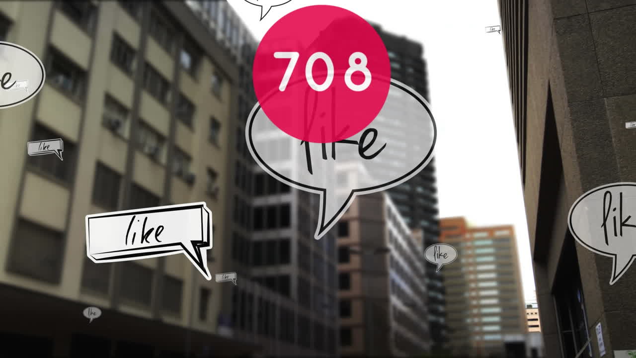 둥근 배너와 같은 텍스트에 대한 숫자가 증가하고 높은 건물에 대한 여러 연설 거품