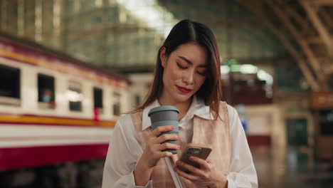 Woman drinking coffee and using a phone at a train station