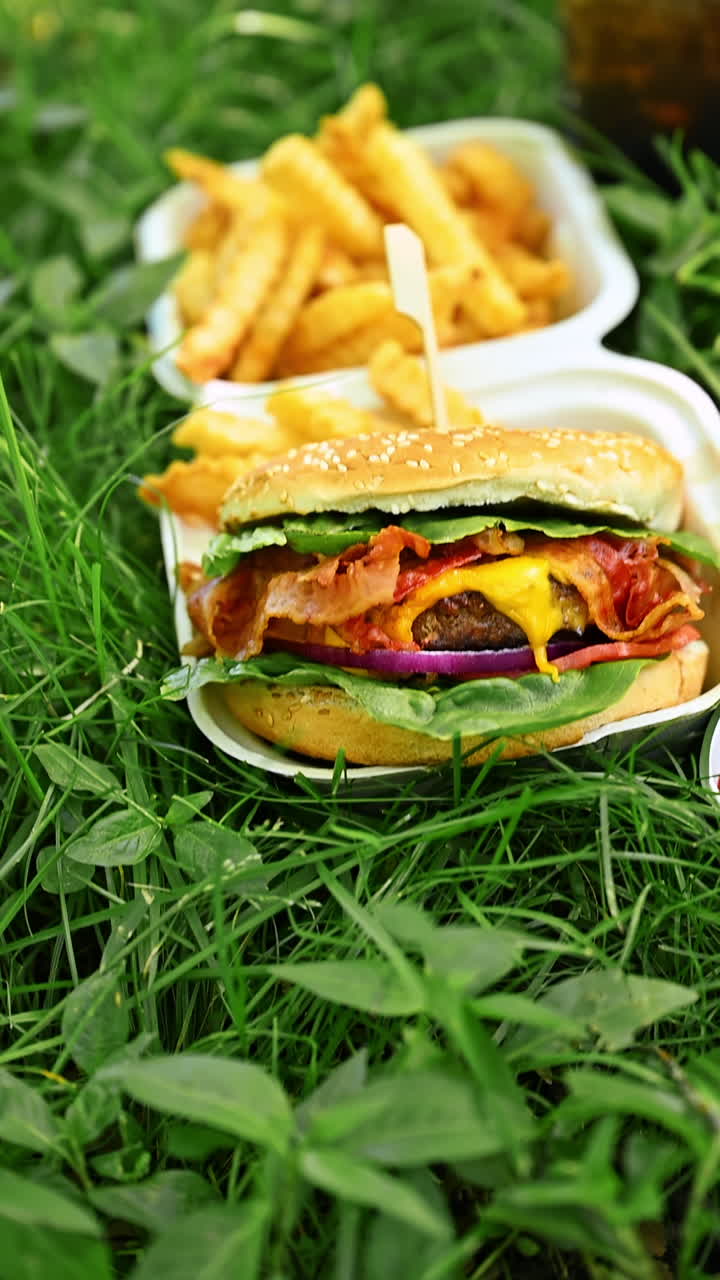 Burger zum Mitnehmen und Pommes für ein Picknick im Grünen. Frisch zubereitete Burger und Pommes in Öko-Boxen mit einem Erfrischungsgetränk auf dem Rasen für ein Picknick im Freien.