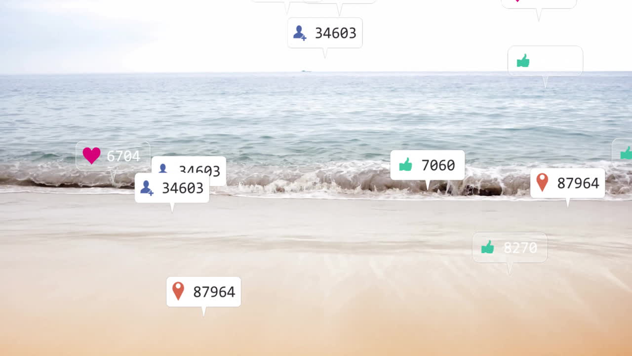 Animation of social media icons floating over beach with gentle waves
