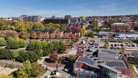 aerial low fast push into burlington vermont skyline