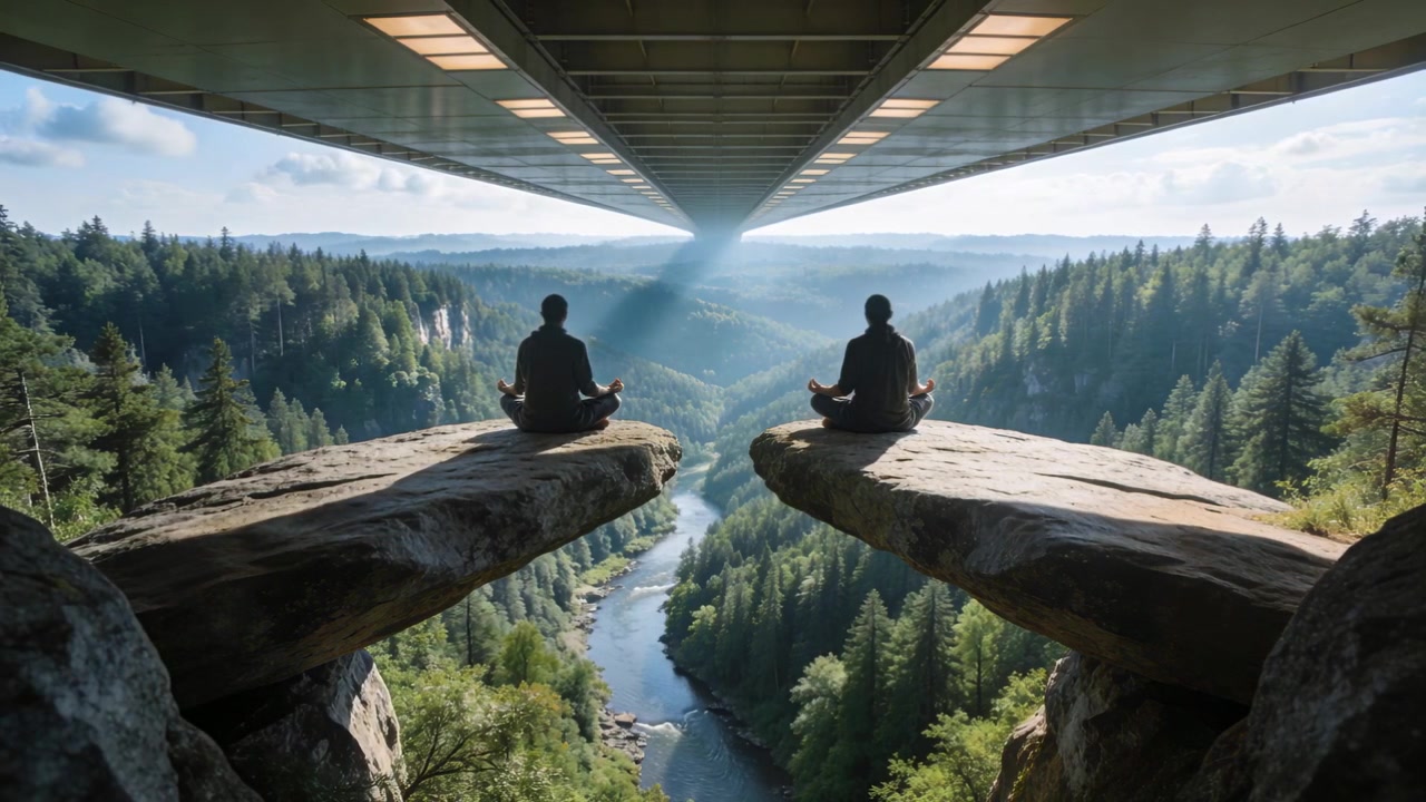 Due uomini seduti che meditano per la calma su scogliere sotto un ponte, con giacche scure e la luce del sole che illumina.