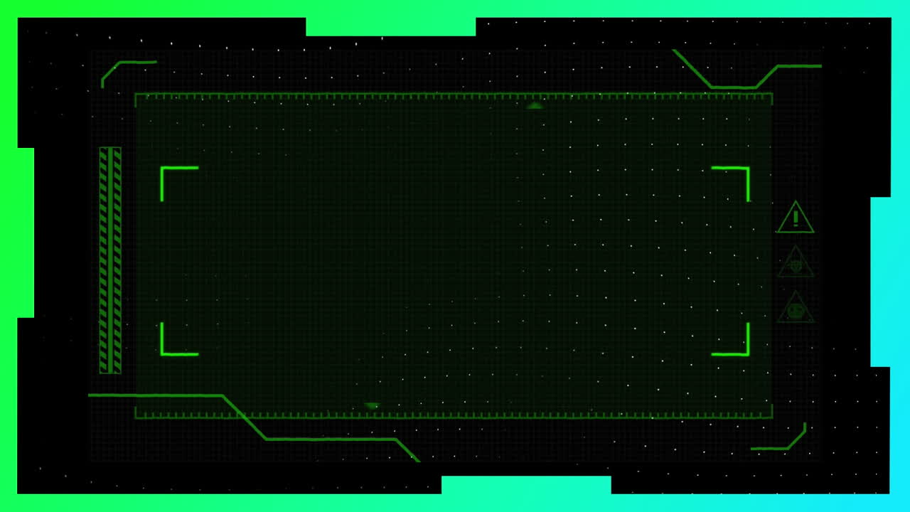 Animation of green rectangular scope moving on black background, with passing green and white lines