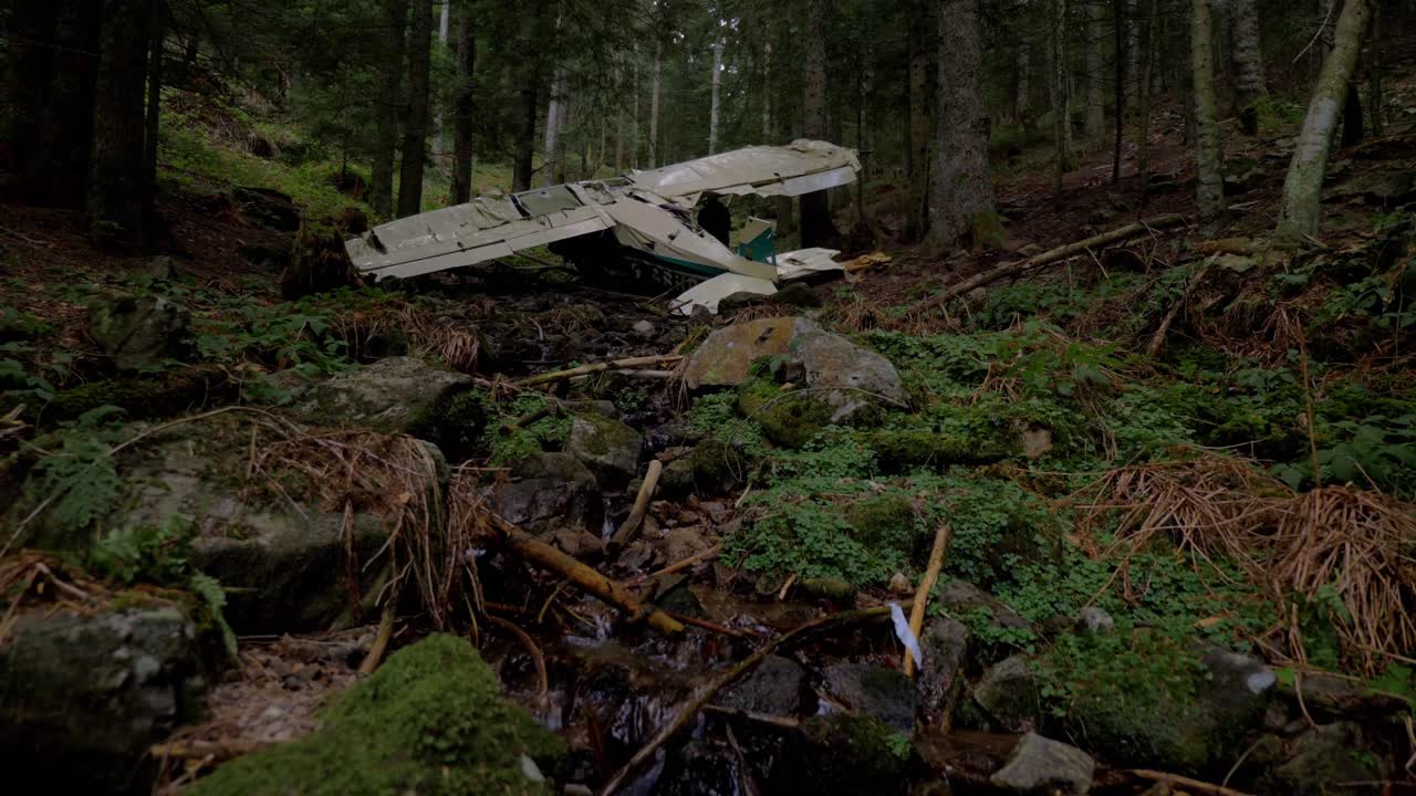 Water streaming in a small river while in the background an airplane is crashed in a forest