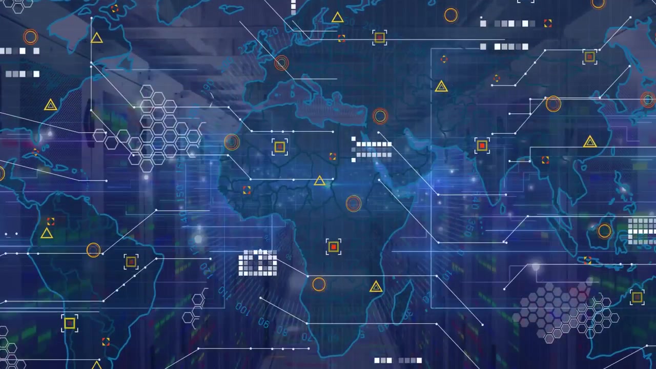 Server room opening, map fading in while network nodes connecting regions visualizing data flow