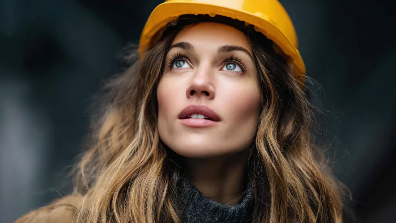 A Woman with Long Hair and a Yellow Hard Hat Gazes Upward with Captivating Blue Eyes, Capturing a Moment of Contemplation and Determination in an Indistinct Environment