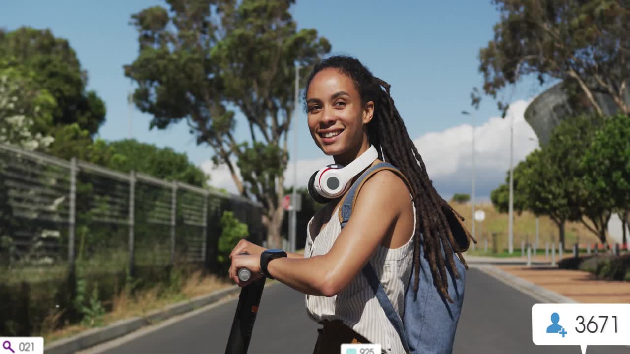 Woman stopping e-scooter on path, tapping smartwatch checking data and generating tech overlays