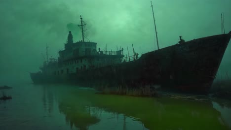 abandoned ship in a foggy swamp