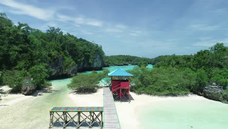 an aerial view shows a dock on baer island indonesia