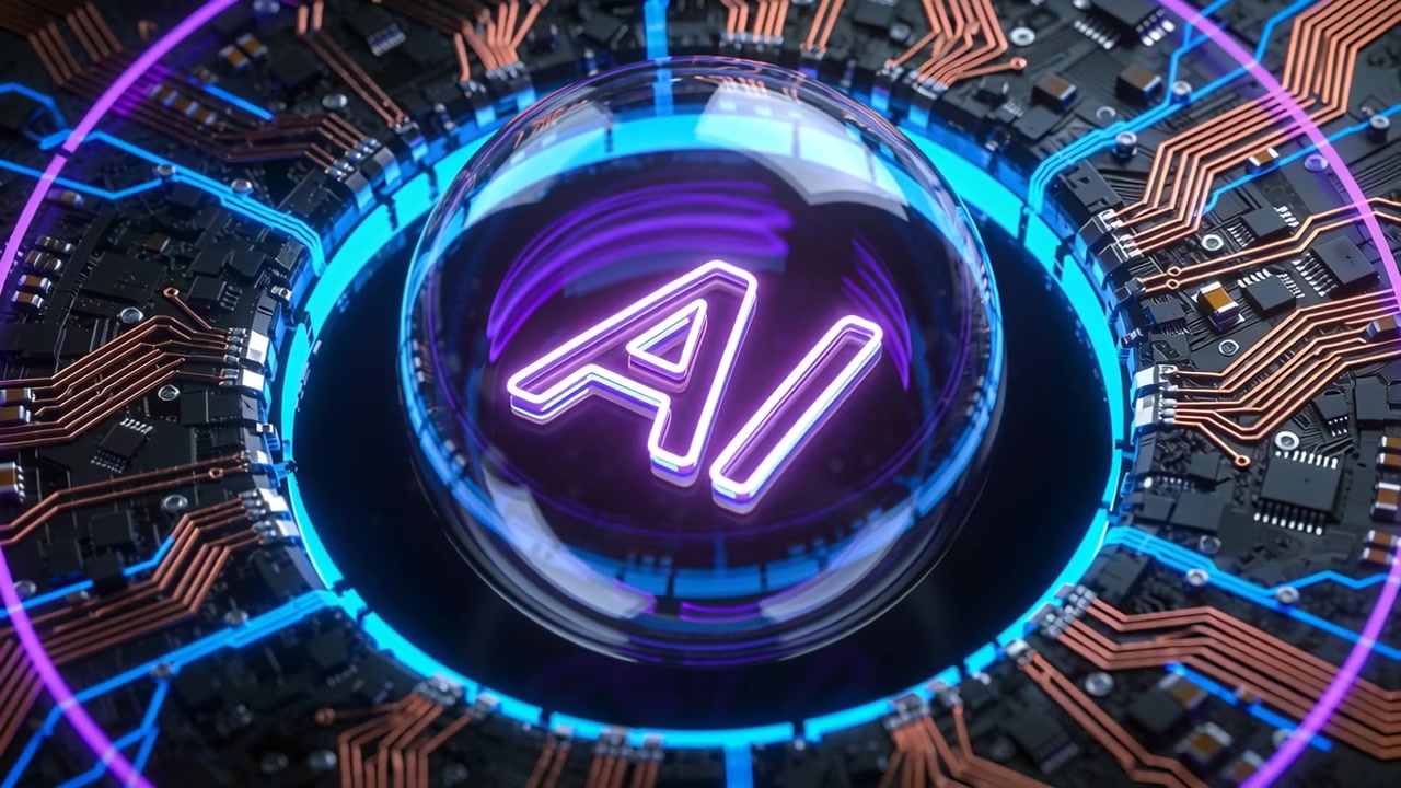 Pulsierende Energie aktiviert eine Glaskuppel mit rotierender und leuchtender Neon-KI auf einer Hauptplatine, die Chips zeigt.