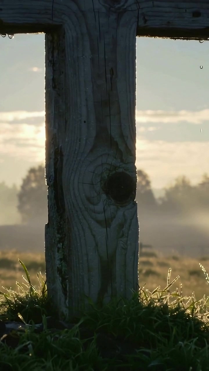 Vertikal video: Stigende sol får pæl til at frigive dråber, der falder fra en bjælke på en våd græseng